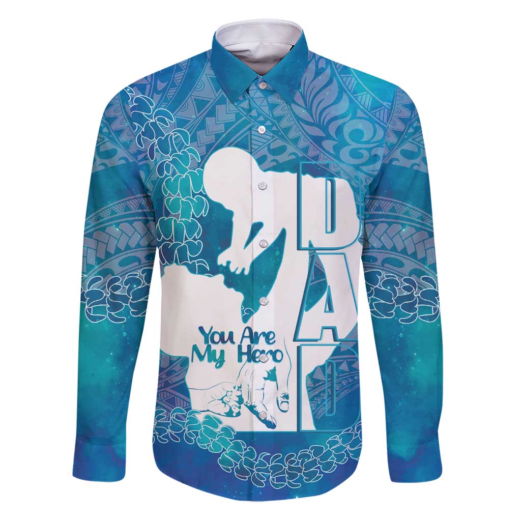 Turquoise Polynesia Father's Day Family Matching Puletasi and Hawaiian Shirt Dad You Are My Hero LT14 Dad's Shirt - Long Sleeve Turquoise - Polynesian Pride
