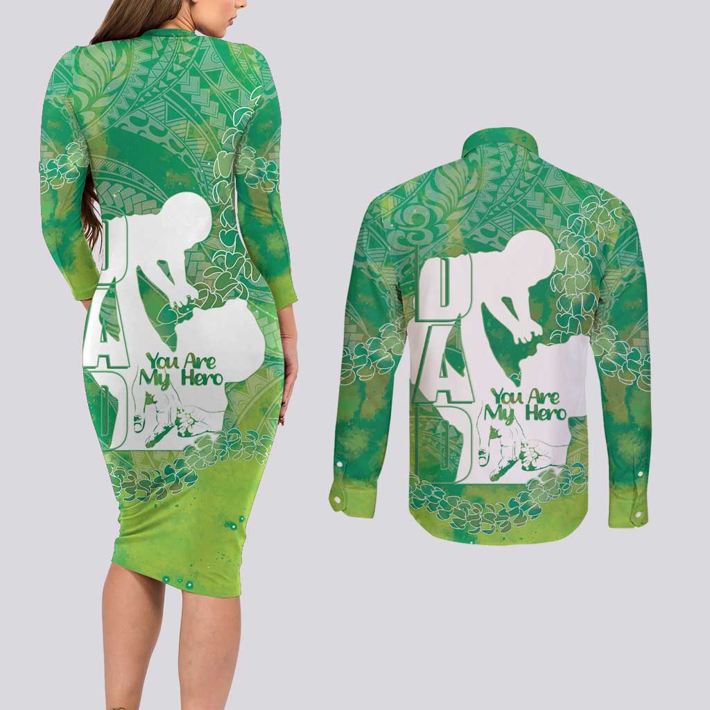 Green Polynesia Father's Day Couples Matching Long Sleeve Bodycon Dress and Long Sleeve Button Shirt Dad You Are My Hero LT14 - Polynesian Pride