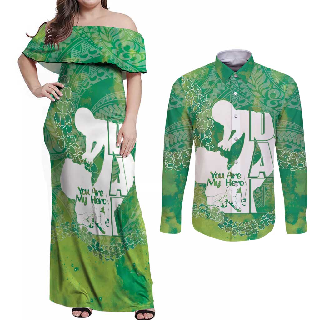 Green Polynesia Father's Day Couples Matching Off Shoulder Maxi Dress and Long Sleeve Button Shirt Dad You Are My Hero LT14 Green - Polynesian Pride