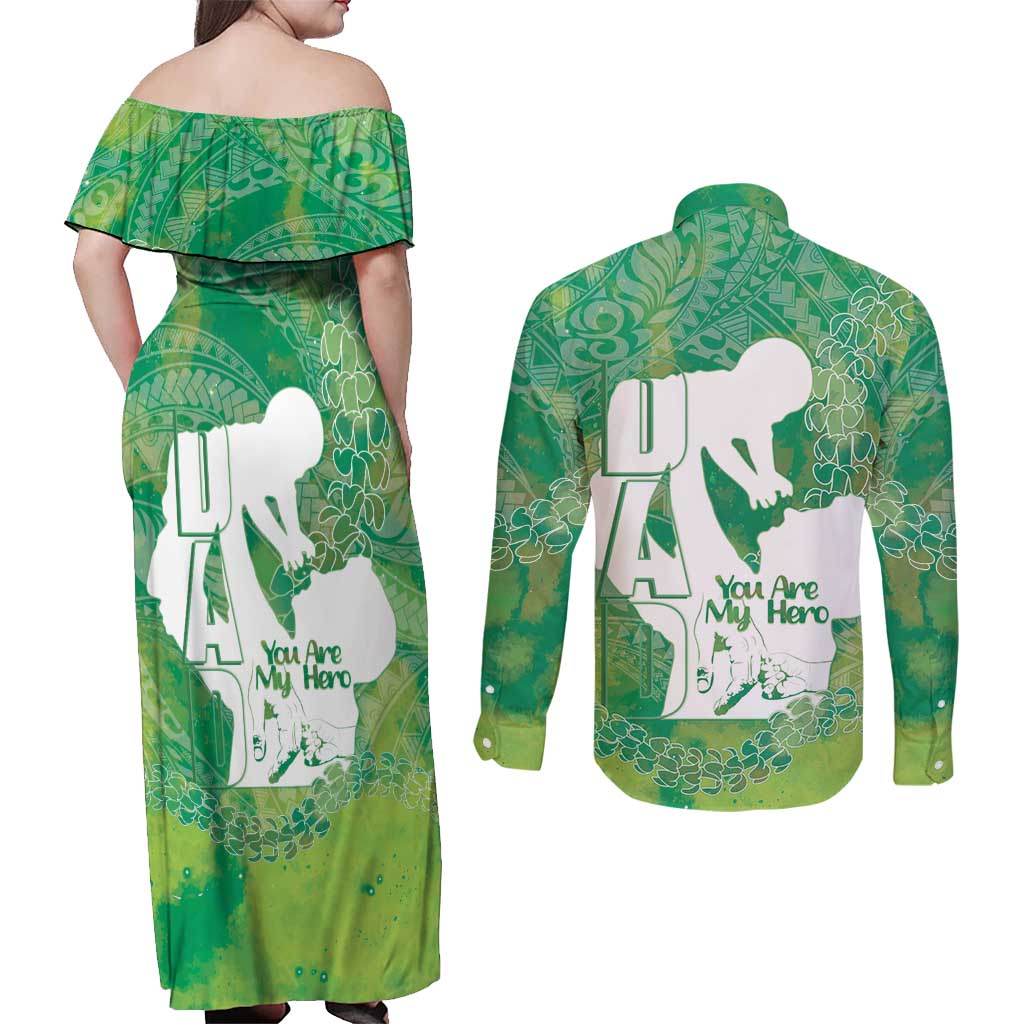 Green Polynesia Father's Day Couples Matching Off Shoulder Maxi Dress and Long Sleeve Button Shirt Dad You Are My Hero LT14 - Polynesian Pride