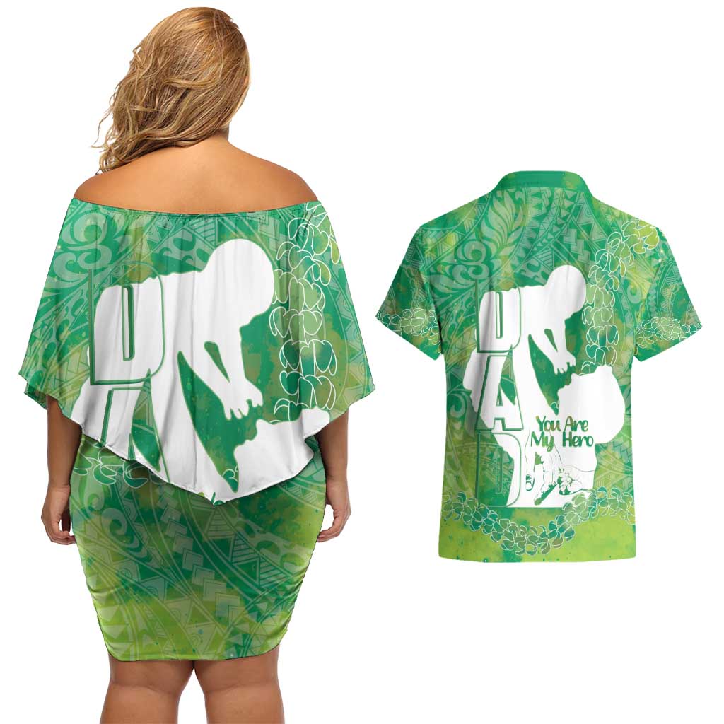 Green Polynesia Father's Day Couples Matching Off Shoulder Short Dress and Hawaiian Shirt Dad You Are My Hero LT14 - Polynesian Pride