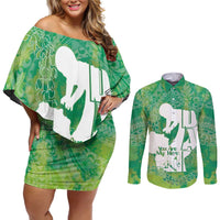 Green Polynesia Father's Day Couples Matching Off Shoulder Short Dress and Long Sleeve Button Shirt Dad You Are My Hero LT14 Green - Polynesian Pride