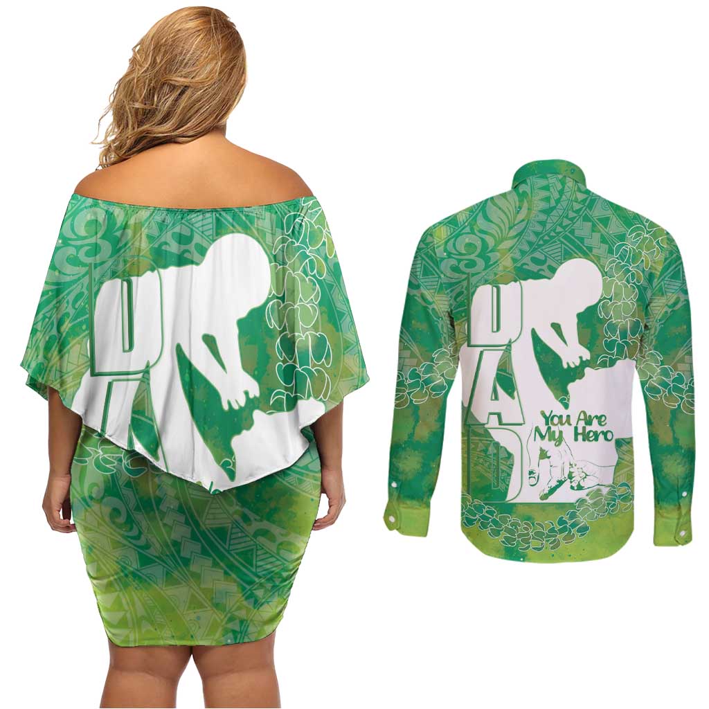 Green Polynesia Father's Day Couples Matching Off Shoulder Short Dress and Long Sleeve Button Shirt Dad You Are My Hero LT14 - Polynesian Pride