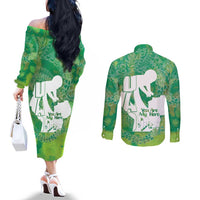 Green Polynesia Father's Day Couples Matching Off The Shoulder Long Sleeve Dress and Long Sleeve Button Shirt Dad You Are My Hero LT14 - Polynesian Pride