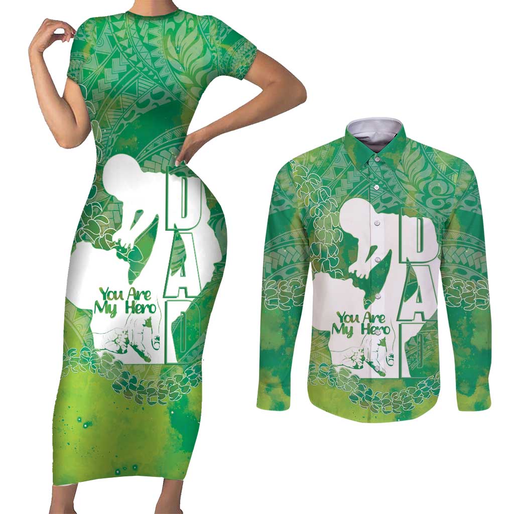 Green Polynesia Father's Day Couples Matching Short Sleeve Bodycon Dress and Long Sleeve Button Shirt Dad You Are My Hero LT14 Green - Polynesian Pride