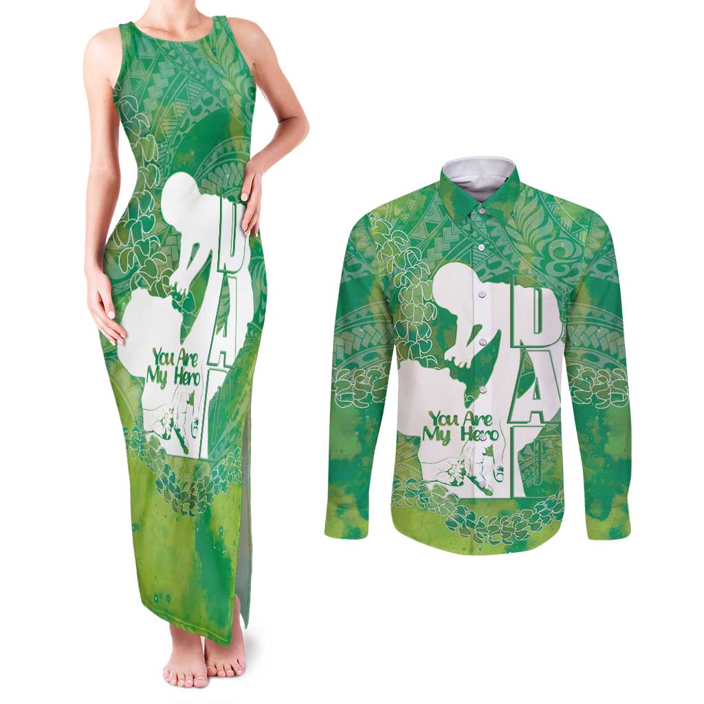 Green Polynesia Father's Day Couples Matching Tank Maxi Dress and Long Sleeve Button Shirt Dad You Are My Hero LT14 Green - Polynesian Pride