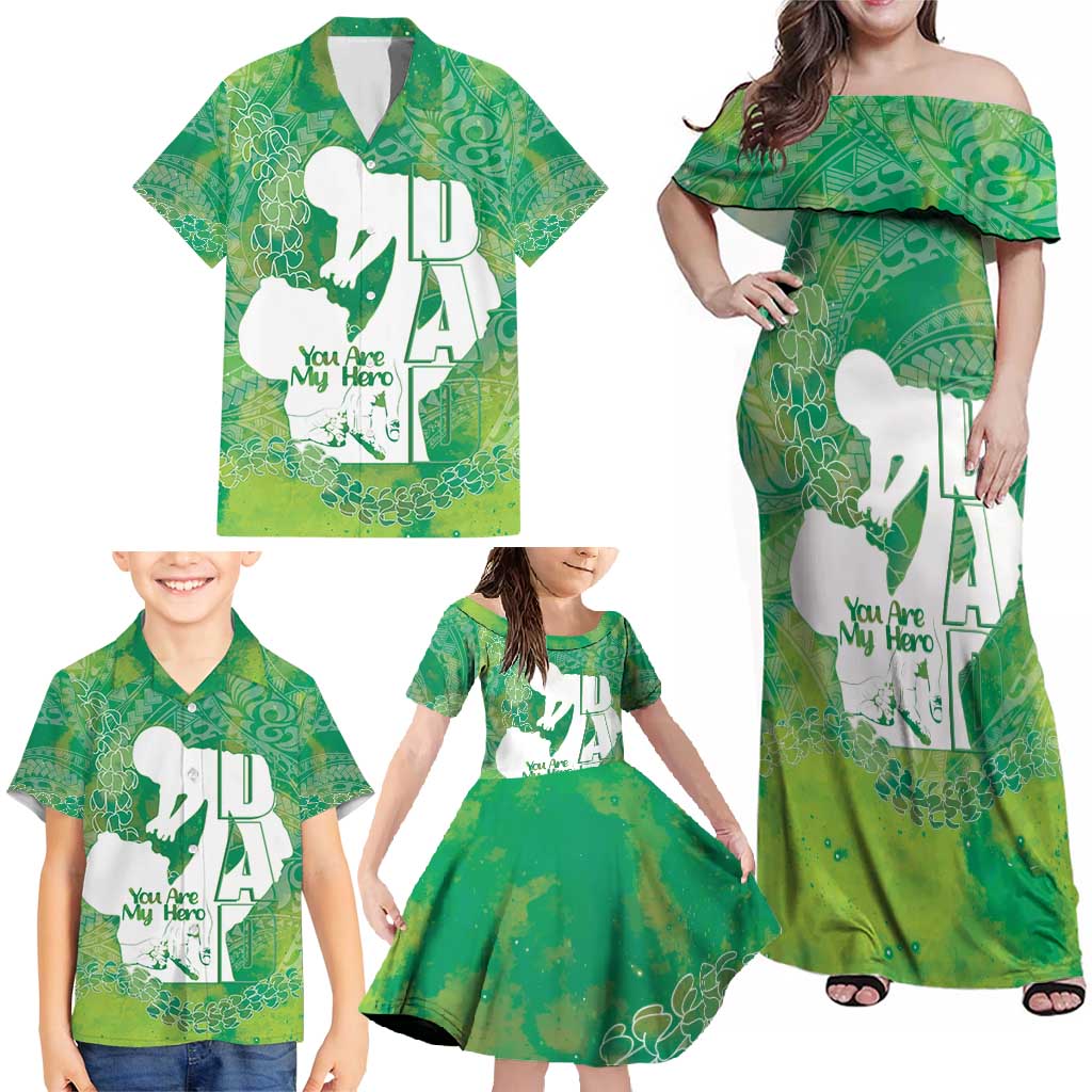 Green Polynesia Father's Day Family Matching Off Shoulder Maxi Dress and Hawaiian Shirt Dad You Are My Hero