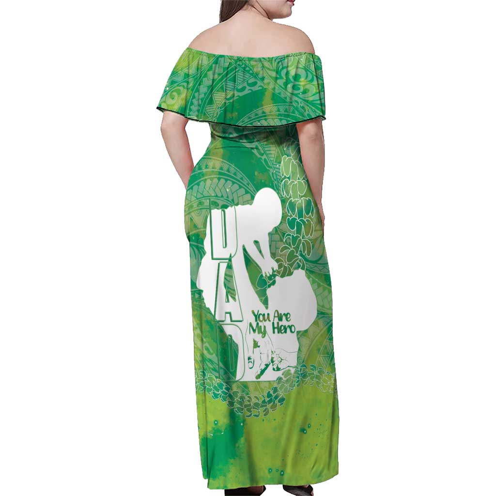 Green Polynesia Father's Day Family Matching Off Shoulder Maxi Dress and Hawaiian Shirt Dad You Are My Hero