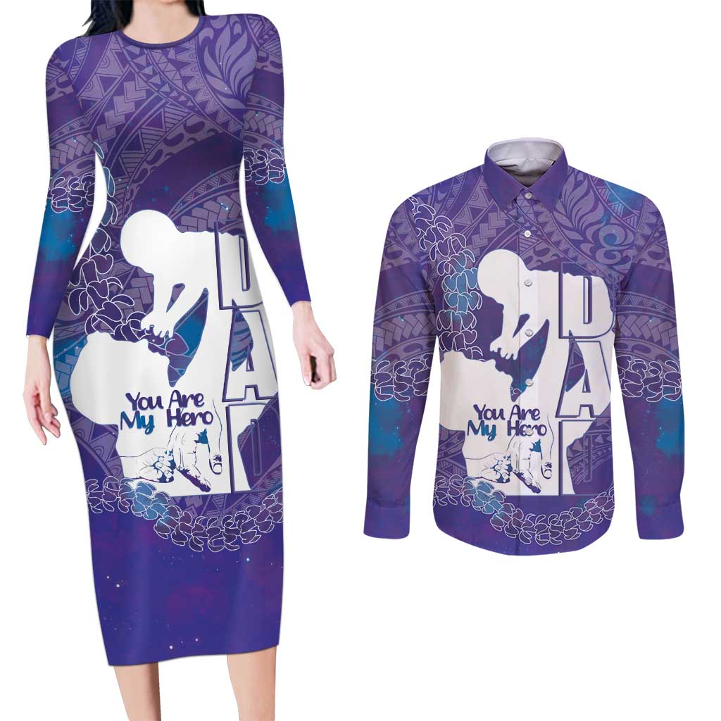 Purple Polynesia Father's Day Couples Matching Long Sleeve Bodycon Dress and Long Sleeve Button Shirt Dad You Are My Hero LT14 Purple - Polynesian Pride