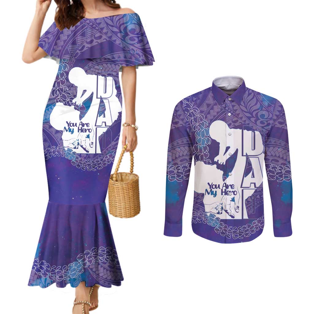 Purple Polynesia Father's Day Couples Matching Mermaid Dress and Long Sleeve Button Shirt Dad You Are My Hero LT14 Purple - Polynesian Pride