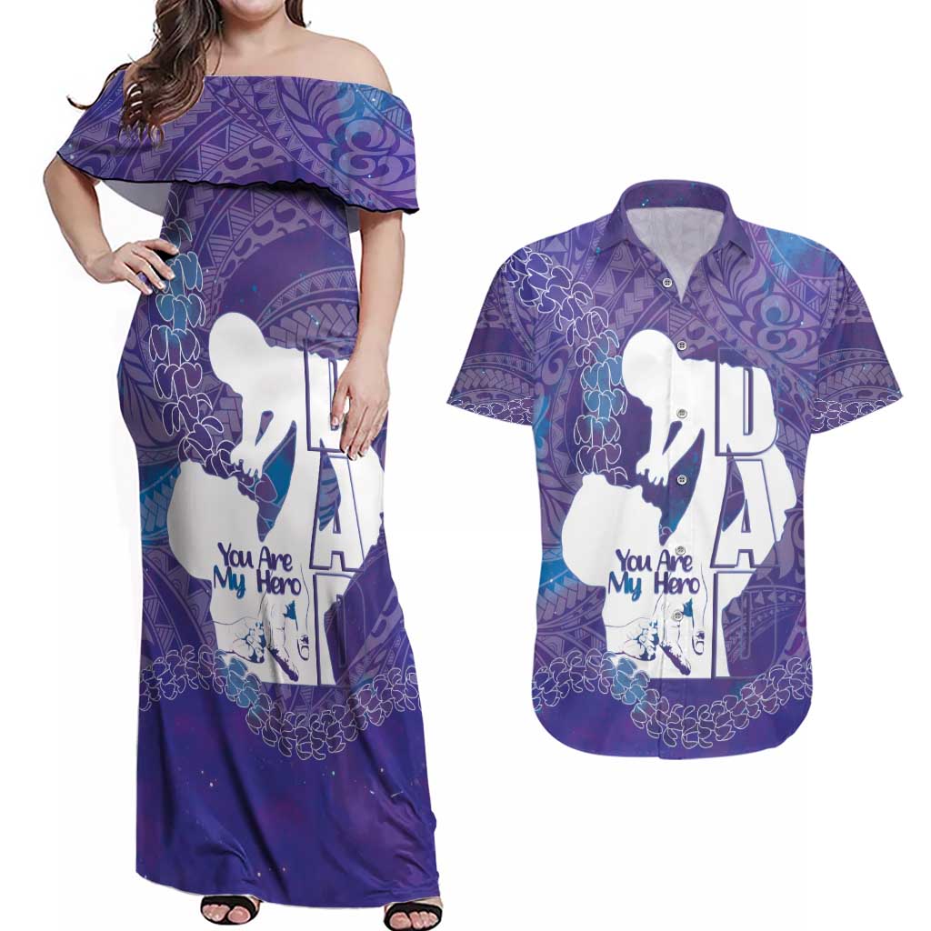 Purple Polynesia Father's Day Couples Matching Off Shoulder Maxi Dress and Hawaiian Shirt Dad You Are My Hero LT14 Purple - Polynesian Pride