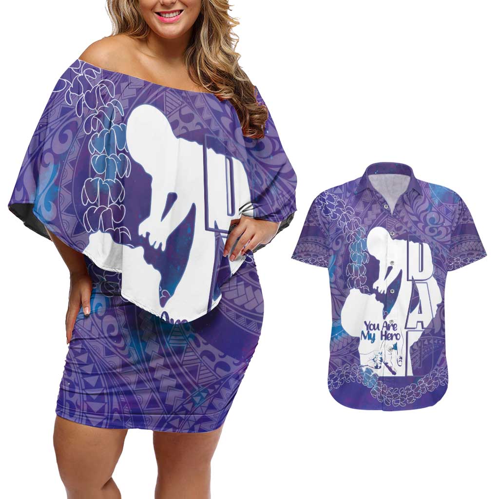 Purple Polynesia Father's Day Couples Matching Off Shoulder Short Dress and Hawaiian Shirt Dad You Are My Hero LT14 Purple - Polynesian Pride