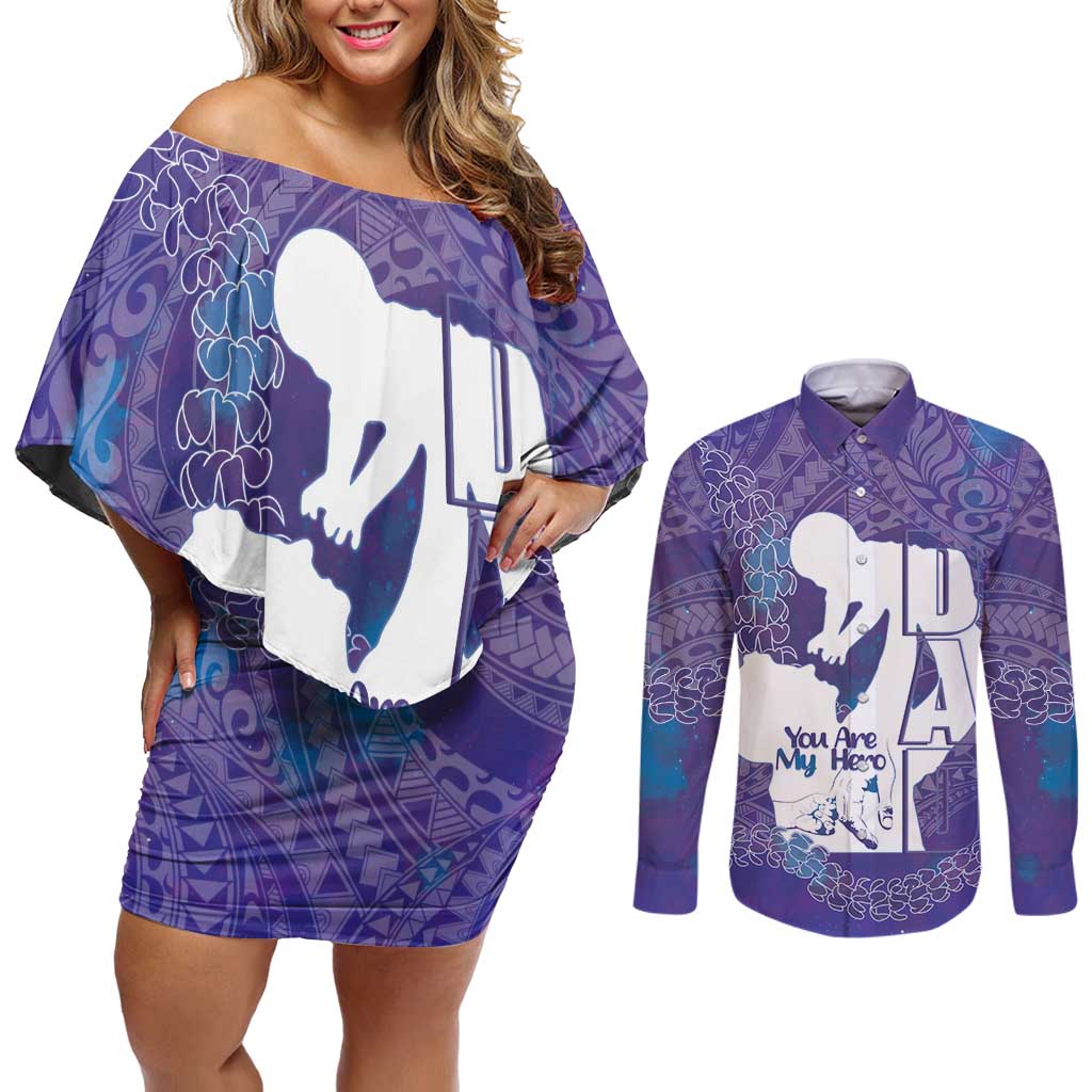Purple Polynesia Father's Day Couples Matching Off Shoulder Short Dress and Long Sleeve Button Shirt Dad You Are My Hero