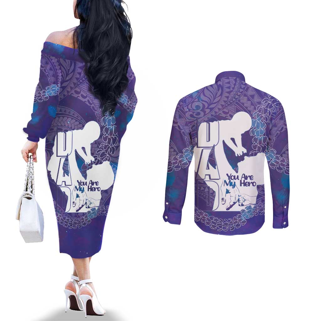 Purple Polynesia Father's Day Couples Matching Off The Shoulder Long Sleeve Dress and Long Sleeve Button Shirt Dad You Are My Hero LT14 - Polynesian Pride