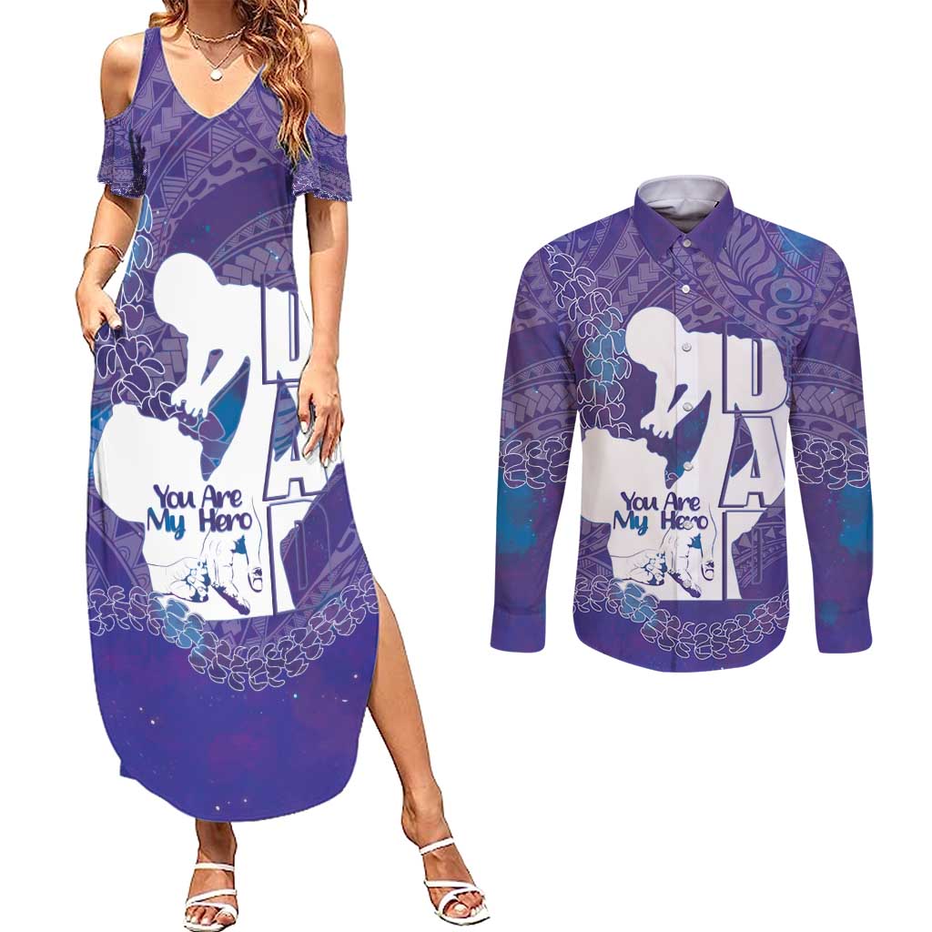 Purple Polynesia Father's Day Couples Matching Summer Maxi Dress and Long Sleeve Button Shirt Dad You Are My Hero LT14 Purple - Polynesian Pride