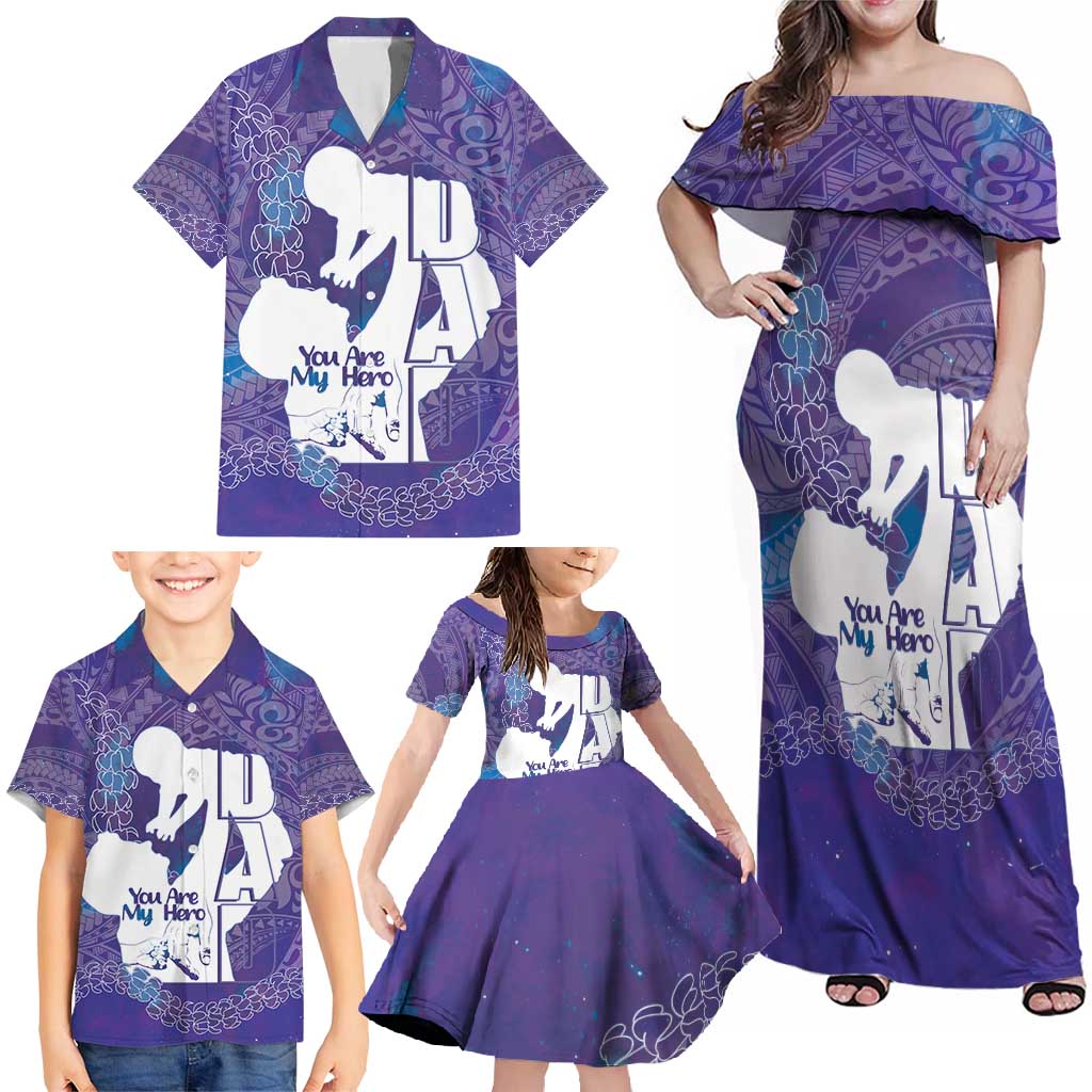 Purple Polynesia Father's Day Family Matching Off Shoulder Maxi Dress and Hawaiian Shirt Dad You Are My Hero