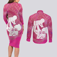 Pink Polynesia Father's Day Couples Matching Long Sleeve Bodycon Dress and Long Sleeve Button Shirt Dad You Are My Hero LT14 - Polynesian Pride