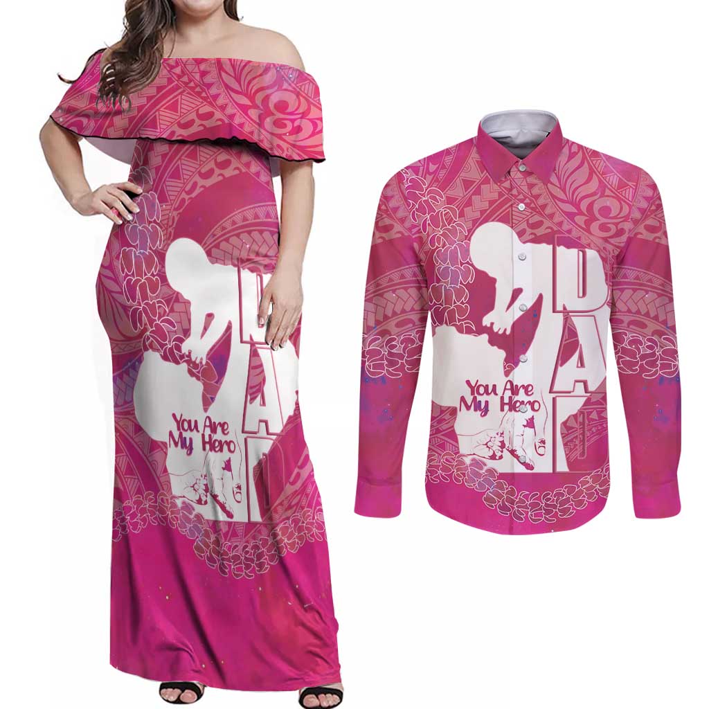 Pink Polynesia Father's Day Couples Matching Off Shoulder Maxi Dress and Long Sleeve Button Shirt Dad You Are My Hero LT14 Pink - Polynesian Pride