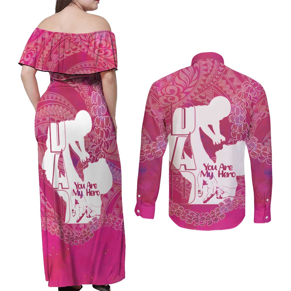 Pink Polynesia Father's Day Couples Matching Off Shoulder Maxi Dress and Long Sleeve Button Shirt Dad You Are My Hero LT14 - Polynesian Pride