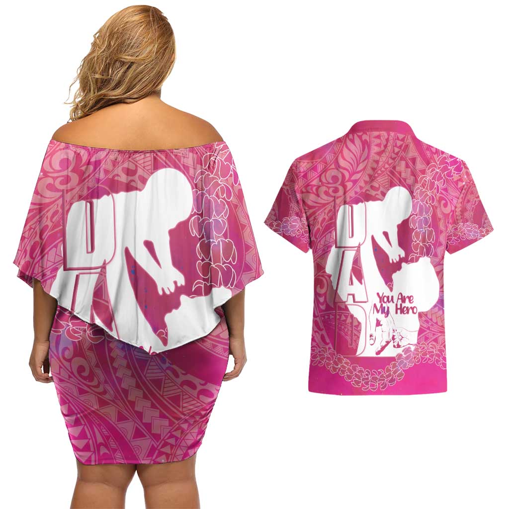 Pink Polynesia Father's Day Couples Matching Off Shoulder Short Dress and Hawaiian Shirt Dad You Are My Hero LT14 - Polynesian Pride