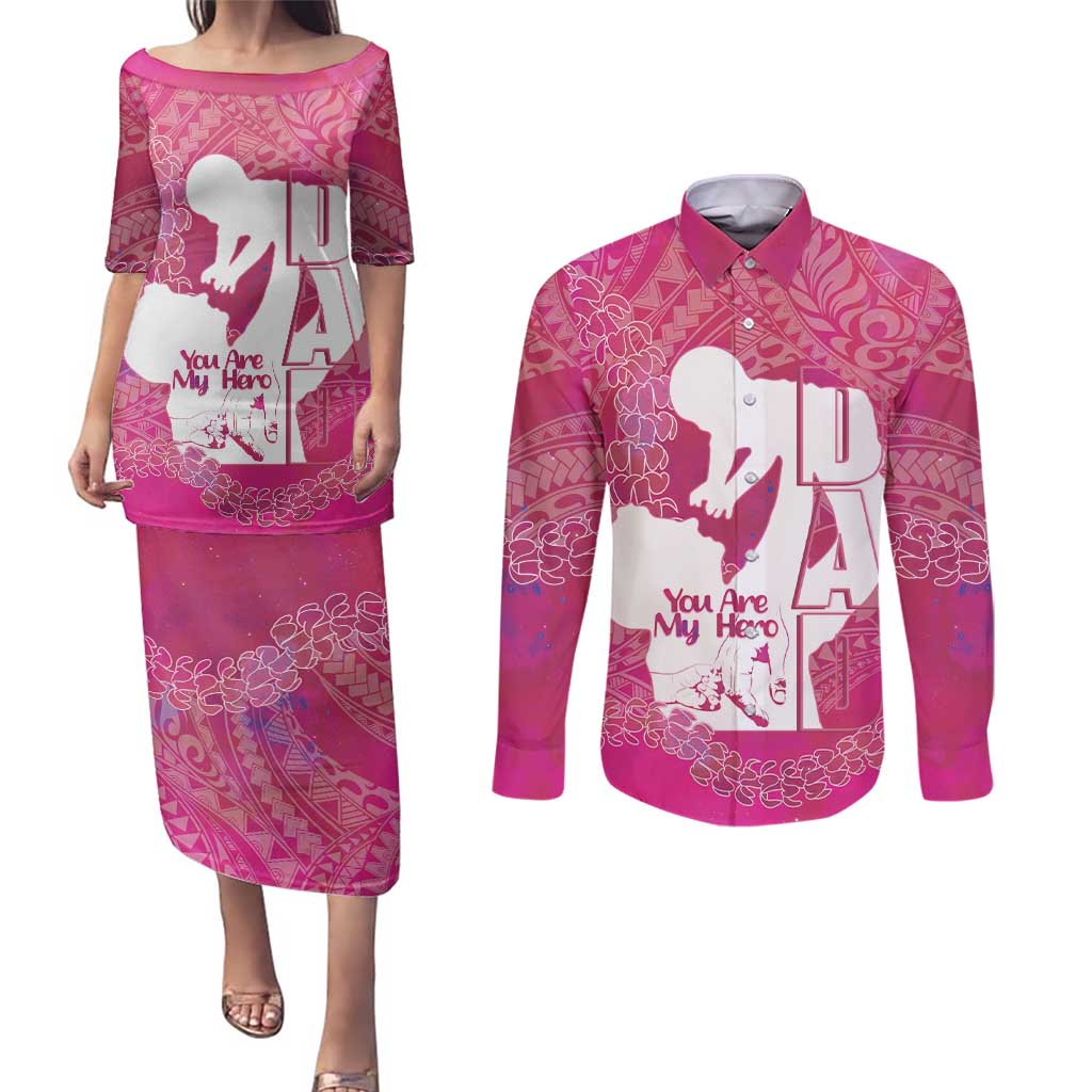 Pink Polynesia Father's Day Couples Matching Puletasi and Long Sleeve Button Shirt Dad You Are My Hero LT14 Pink - Polynesian Pride