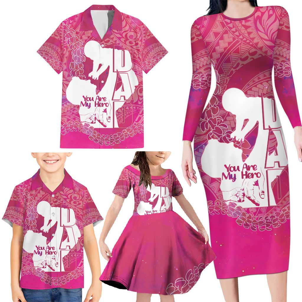 Pink Polynesia Father's Day Family Matching Long Sleeve Bodycon Dress and Hawaiian Shirt Dad You Are My Hero LT14 - Polynesian Pride