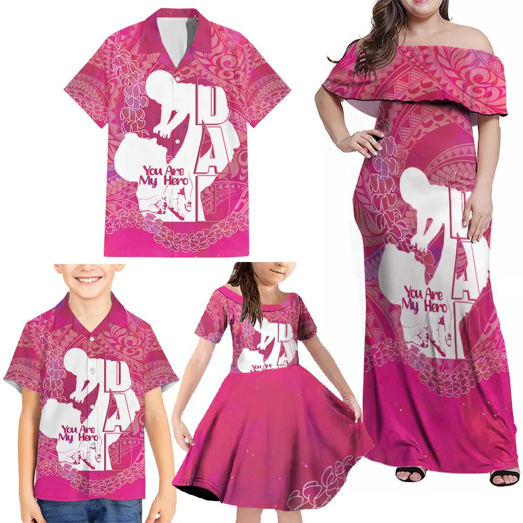 Pink Polynesia Father's Day Family Matching Off Shoulder Maxi Dress and Hawaiian Shirt Dad You Are My Hero