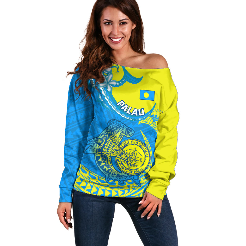 Palau Independence Day Off Shoulder Sweater Happy 29th Anniversary Polynesian Hammerhead Shark LT14 Women Blue - Polynesian Pride