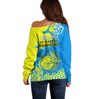 Palau Independence Day Off Shoulder Sweater Happy 29th Anniversary Polynesian Hammerhead Shark LT14 - Polynesian Pride