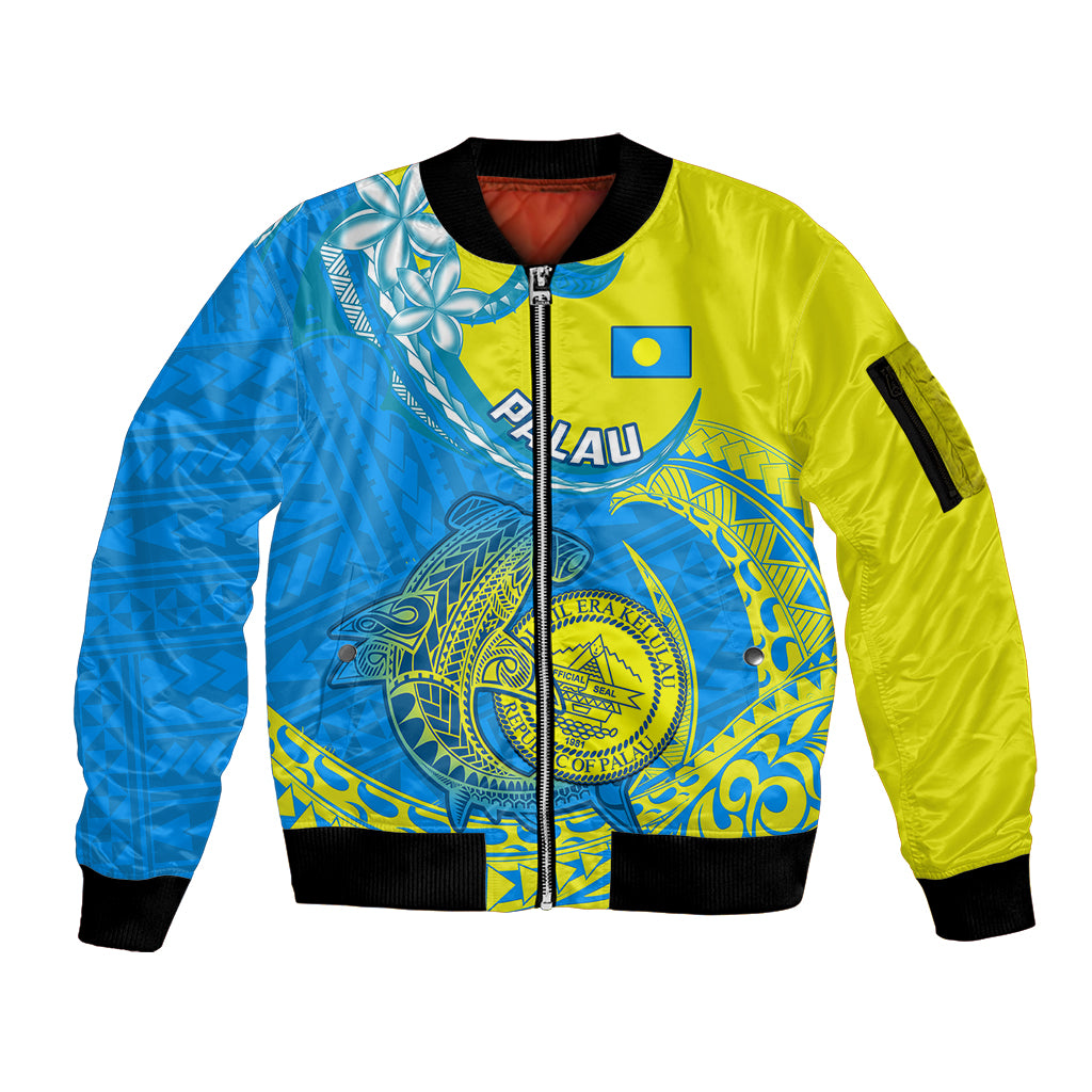 Palau Independence Day Sleeve Zip Bomber Jacket Happy 29th Anniversary Polynesian Hammerhead Shark LT14 Unisex Blue - Polynesian Pride