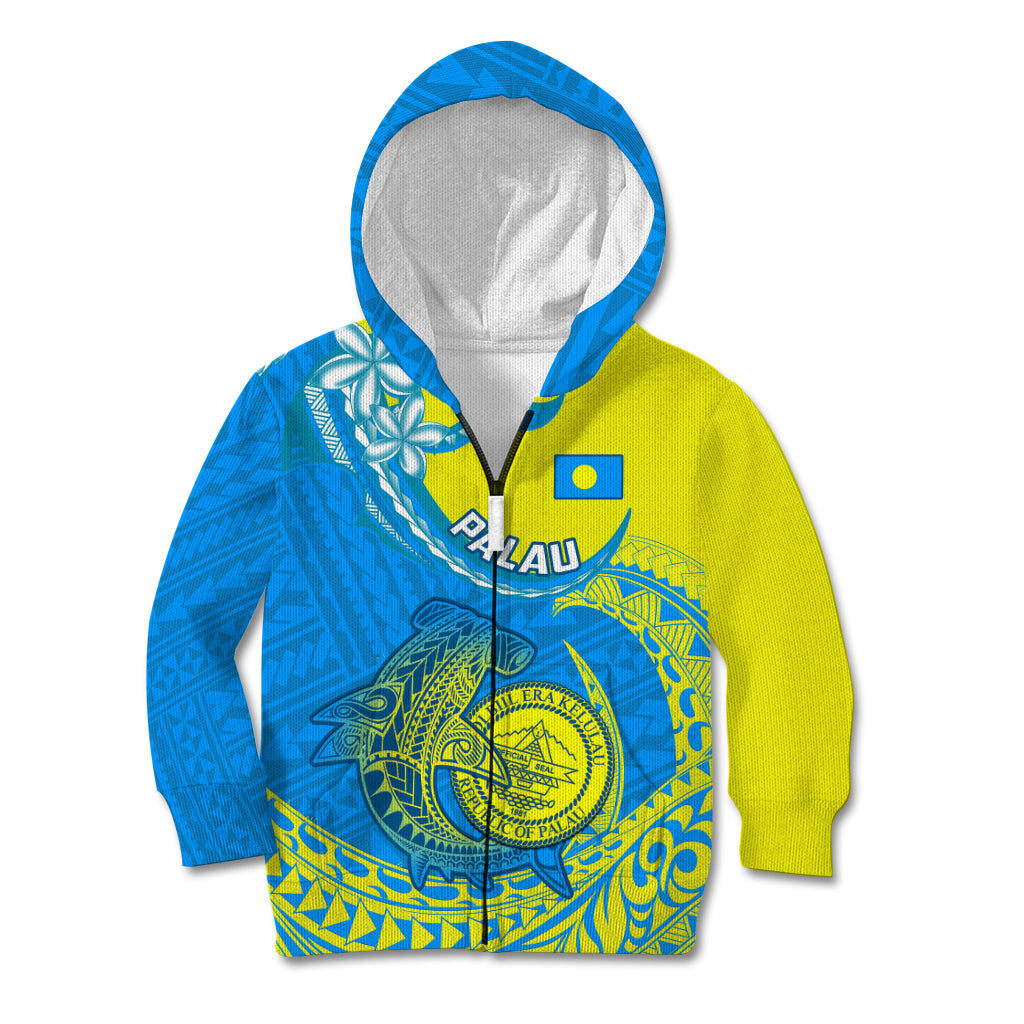 Personalised Palau Independence Day Kid Hoodie Happy 29th Anniversary Polynesian Hammerhead Shark LT14 Zip Hoodie Blue - Polynesian Pride