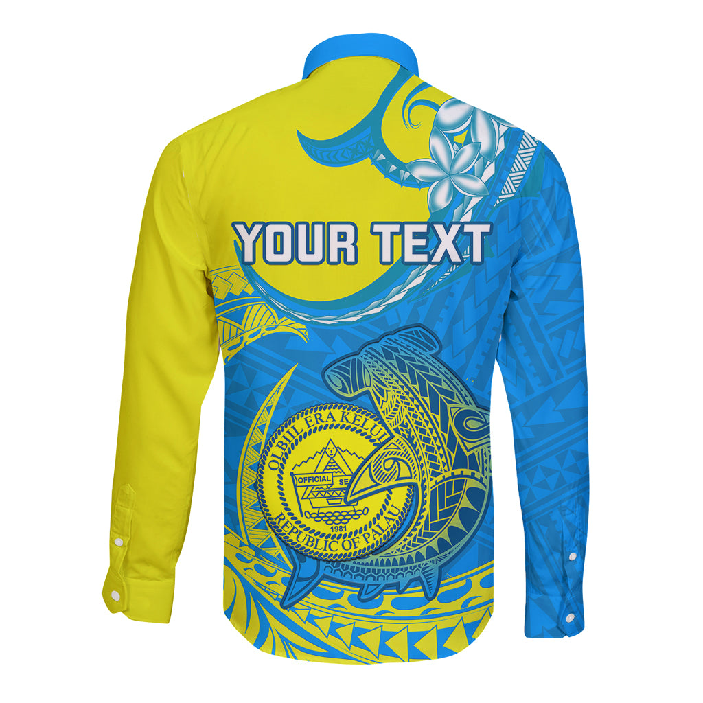 Personalised Palau Independence Day Long Sleeve Button Shirt Happy 29th Anniversary Polynesian Hammerhead Shark LT14 - Polynesian Pride