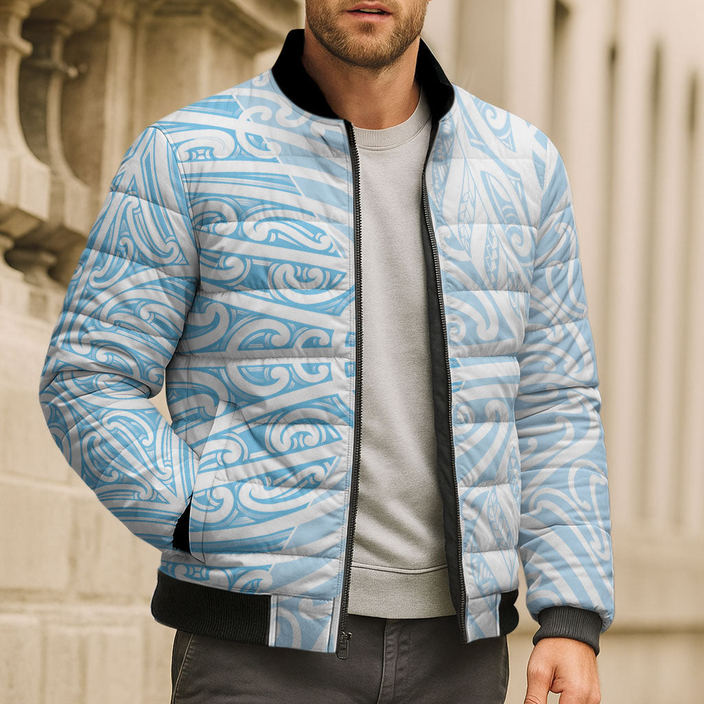 Blue New Zealand Puhoro Maori Tattoo Bomber Puffer Jacket