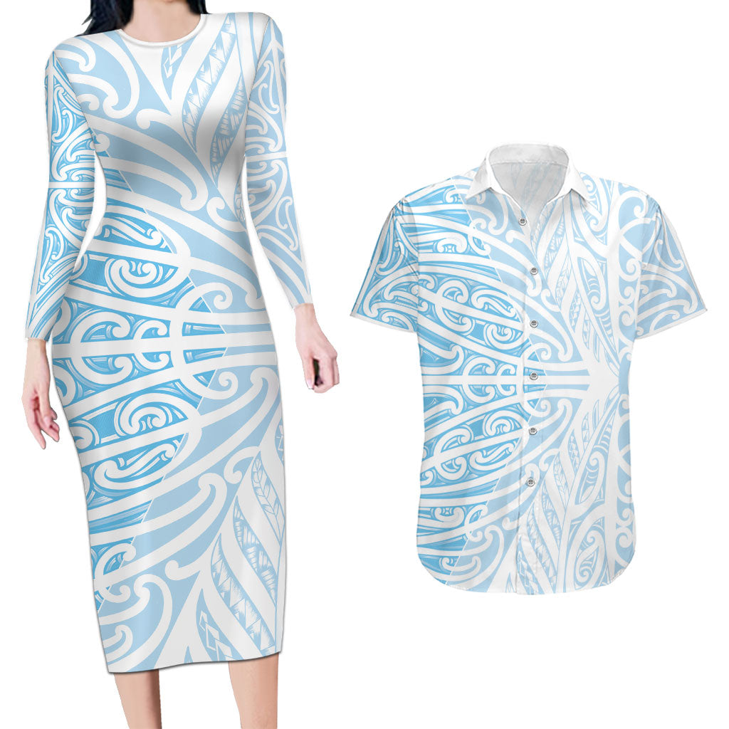 Blue New Zealand Puhoro Maori Tattoo Couples Matching Long Sleeve Bodycon Dress and Hawaiian Shirt
