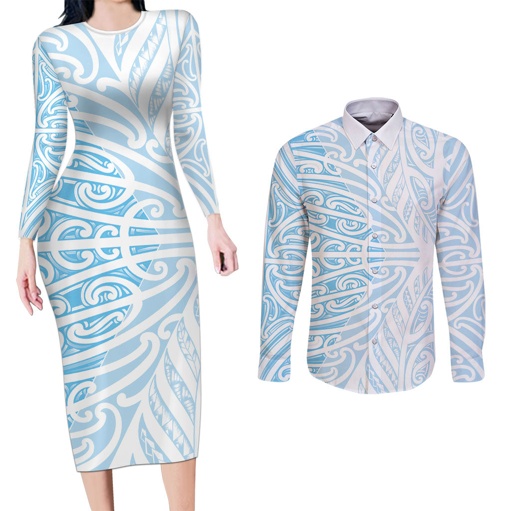 Blue New Zealand Puhoro Maori Tattoo Couples Matching Long Sleeve Bodycon Dress and Long Sleeve Button Shirt