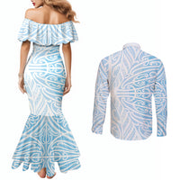 Blue New Zealand Puhoro Maori Tattoo Couples Matching Mermaid Dress and Long Sleeve Button Shirt