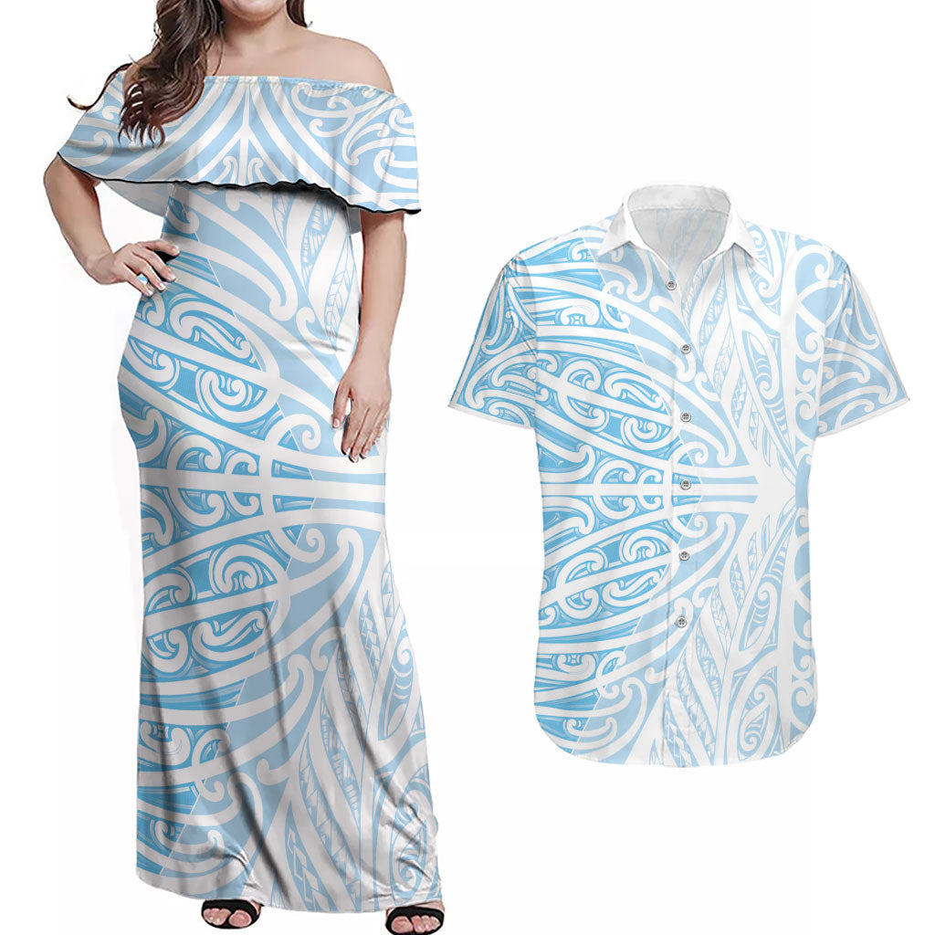 Blue New Zealand Puhoro Maori Tattoo Couples Matching Off Shoulder Maxi Dress and Hawaiian Shirt