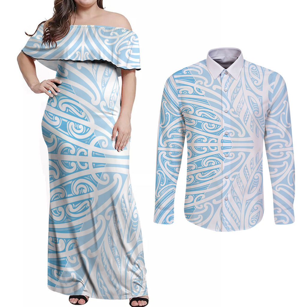Blue New Zealand Puhoro Maori Tattoo Couples Matching Off Shoulder Maxi Dress and Long Sleeve Button Shirt