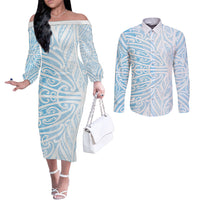 Blue New Zealand Puhoro Maori Tattoo Couples Matching Off The Shoulder Long Sleeve Dress and Long Sleeve Button Shirt