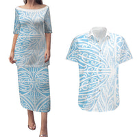 Blue New Zealand Puhoro Maori Tattoo Couples Matching Puletasi and Hawaiian Shirt