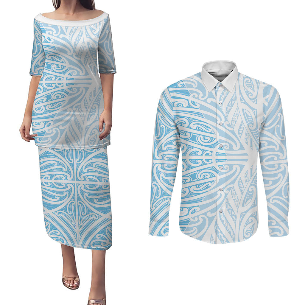 Blue New Zealand Puhoro Maori Tattoo Couples Matching Puletasi and Long Sleeve Button Shirt