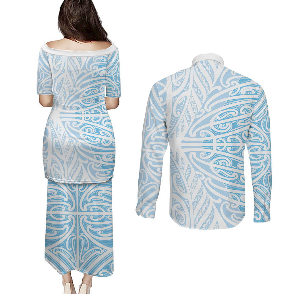 Blue New Zealand Puhoro Maori Tattoo Couples Matching Puletasi and Long Sleeve Button Shirt