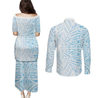 Blue New Zealand Puhoro Maori Tattoo Couples Matching Puletasi and Long Sleeve Button Shirt