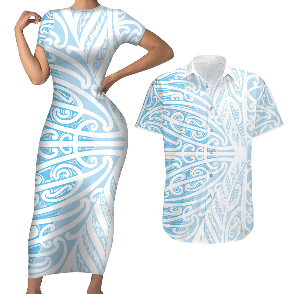 Blue New Zealand Puhoro Maori Tattoo Couples Matching Short Sleeve Bodycon Dress and Hawaiian Shirt