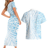 Blue New Zealand Puhoro Maori Tattoo Couples Matching Short Sleeve Bodycon Dress and Hawaiian Shirt