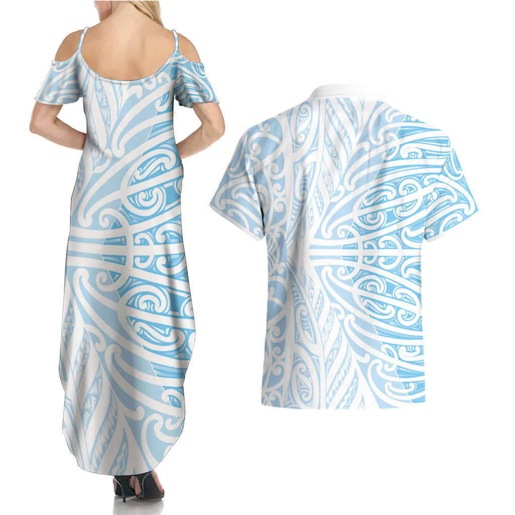 Blue New Zealand Puhoro Maori Tattoo Couples Matching Summer Maxi Dress and Hawaiian Shirt