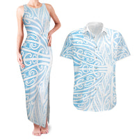 Blue New Zealand Puhoro Maori Tattoo Couples Matching Tank Maxi Dress and Hawaiian Shirt