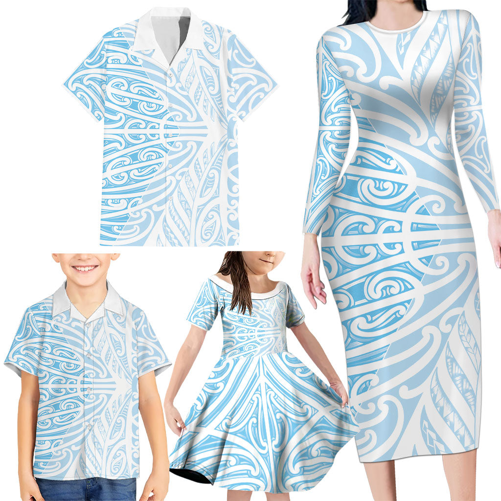 Blue New Zealand Puhoro Maori Tattoo Family Matching Long Sleeve Bodycon Dress and Hawaiian Shirt