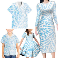 Blue New Zealand Puhoro Maori Tattoo Family Matching Long Sleeve Bodycon Dress and Hawaiian Shirt