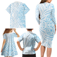 Blue New Zealand Puhoro Maori Tattoo Family Matching Long Sleeve Bodycon Dress and Hawaiian Shirt